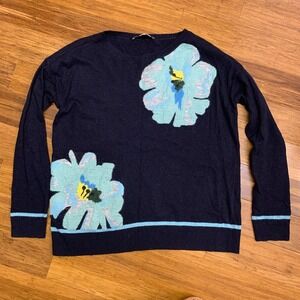 Loft Floral‎ Crew Neck Long Sleeve Sweater Women's Size M Navy Blue Wool Mohair